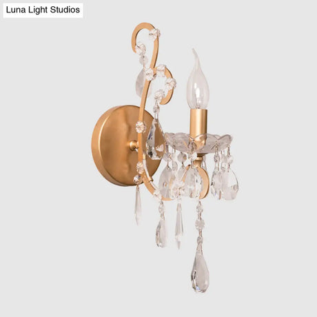 Traditional 1-Bulb Metallic Wall Light With Crystal Droplet In Gold - Perfect For Hallways
