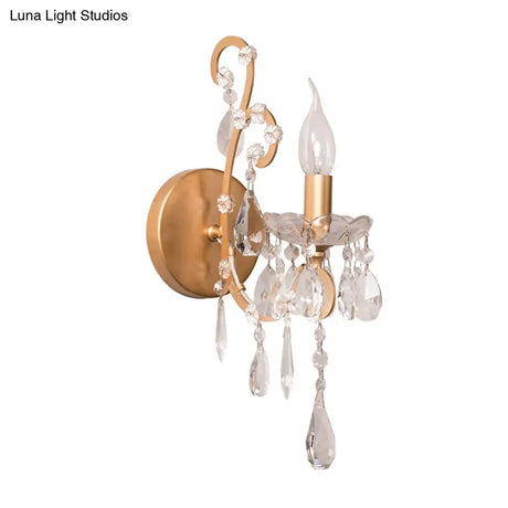 Traditional 1-Bulb Metallic Wall Light With Crystal Droplet In Gold - Perfect For Hallways