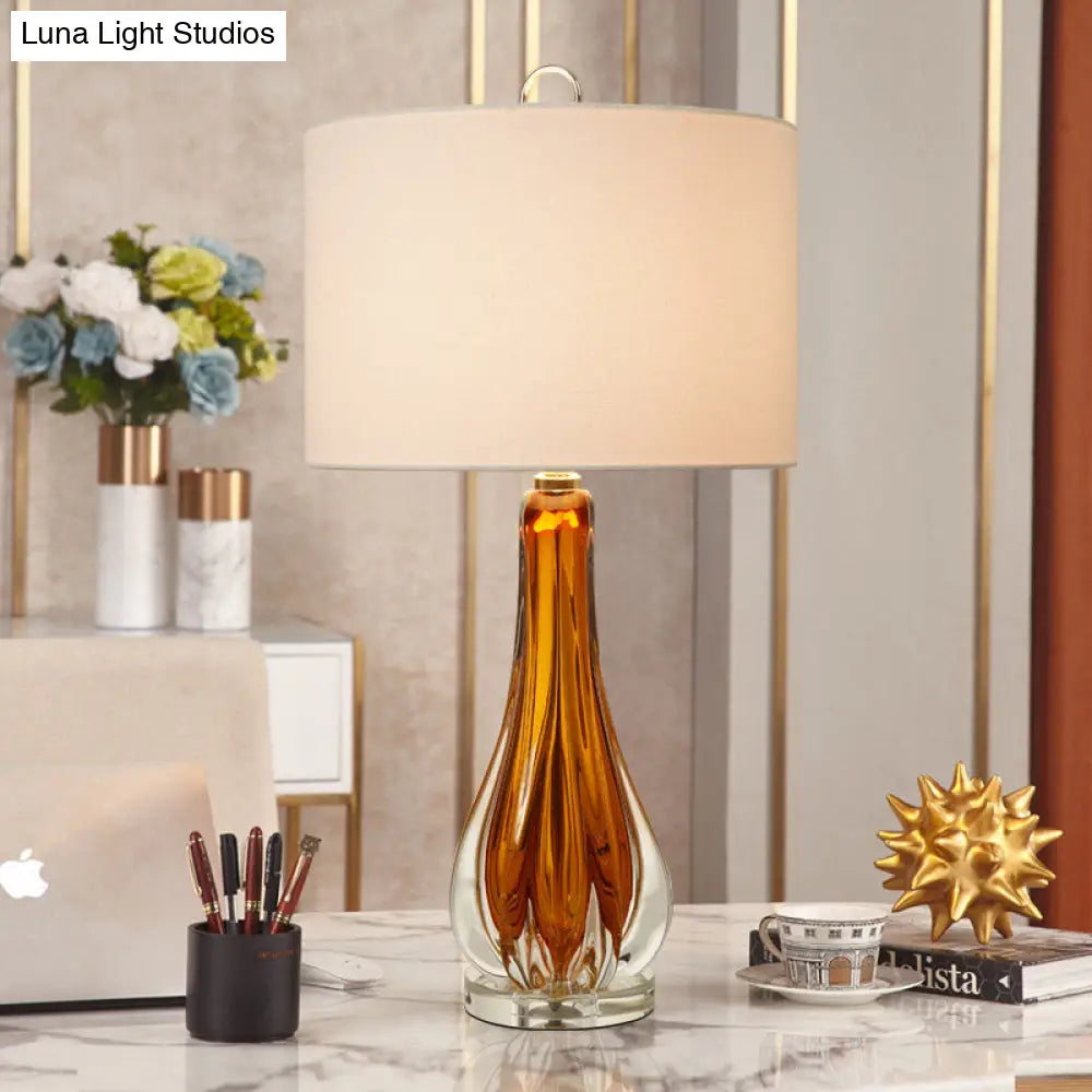Traditional 1-Light White Fabric Table Lamp With Blue/Gold Vase Base