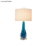 Traditional 1-Light White Fabric Table Lamp With Blue/Gold Vase Base