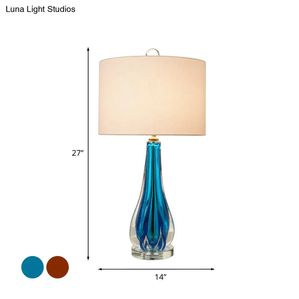Traditional 1-Light White Fabric Table Lamp With Blue/Gold Vase Base