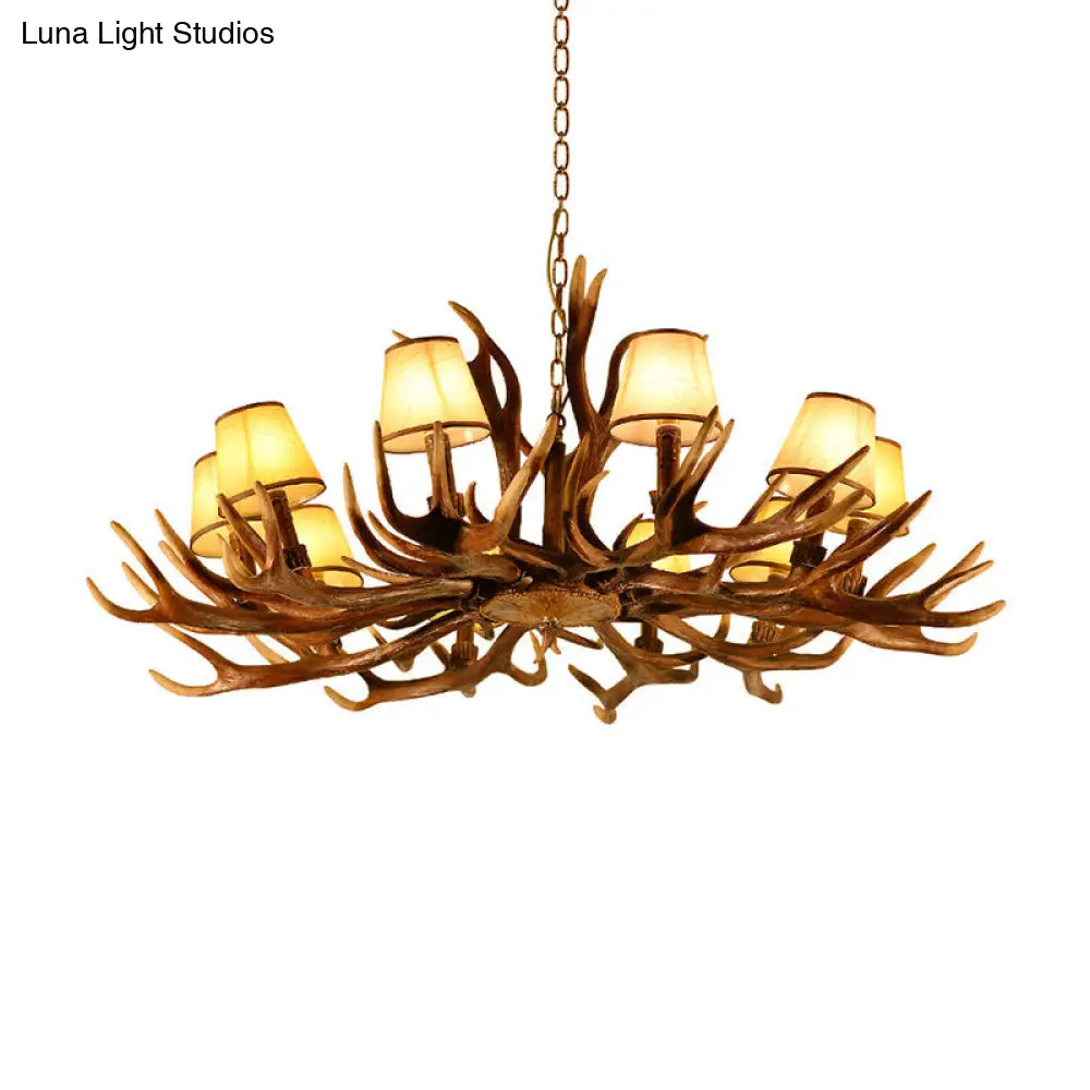 Traditional 10-Bulb Conical Resin Pendant Light Chandelier For Dining Room In Brown