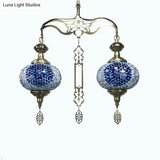 Traditional 2-Head Red/Blue Glass Chandelier Pendant Light For Hallway - Global