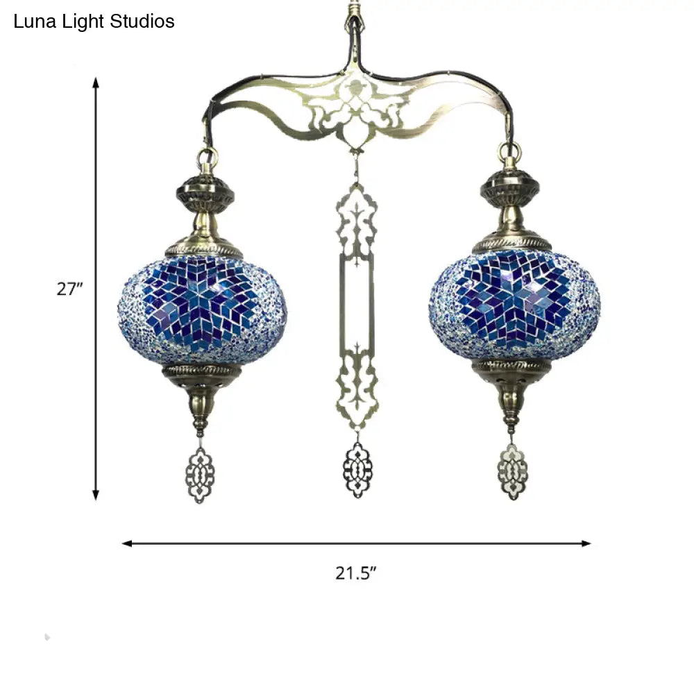 Traditional 2-Head Red/Blue Glass Chandelier Pendant Light For Hallway - Global