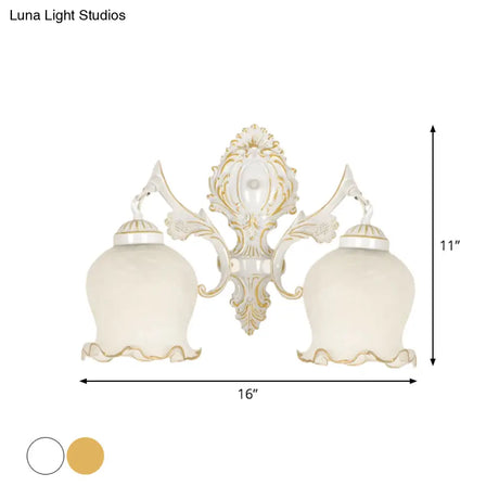 Traditional 2-Headed Ruffle Wall Sconce Light With Bronze Finish And Frosted Glass - Ideal For