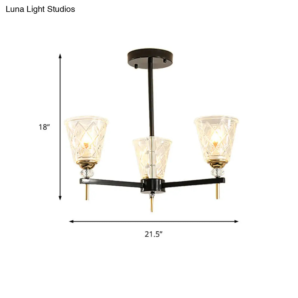 Traditional 3/6-Light Chandelier With Clear Textured Glass Cones - Bedroom Pendant Lamp