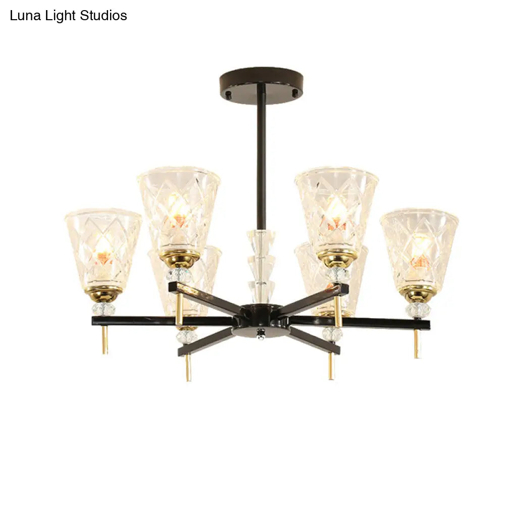 Traditional 3/6-Light Chandelier With Clear Textured Glass Cones - Bedroom Pendant Lamp