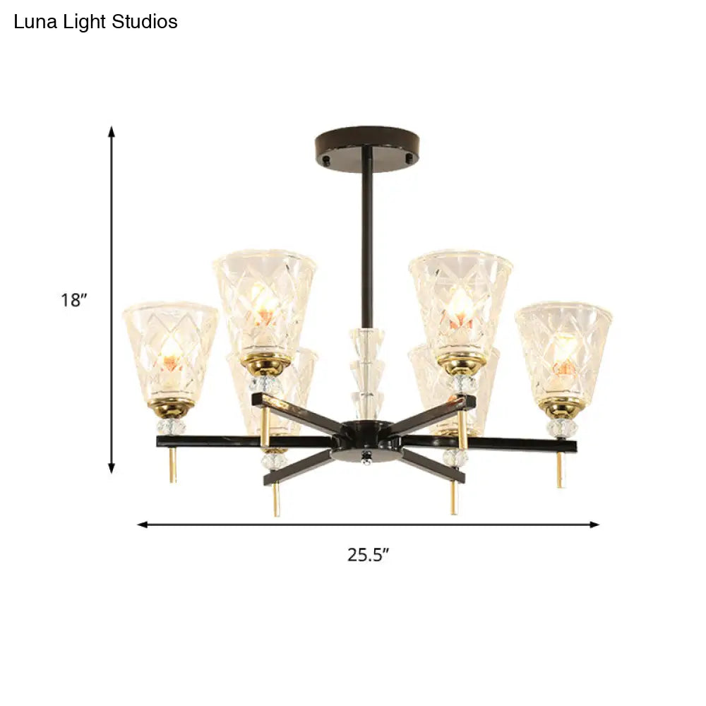 Traditional 3/6-Light Chandelier With Clear Textured Glass Cones - Bedroom Pendant Lamp