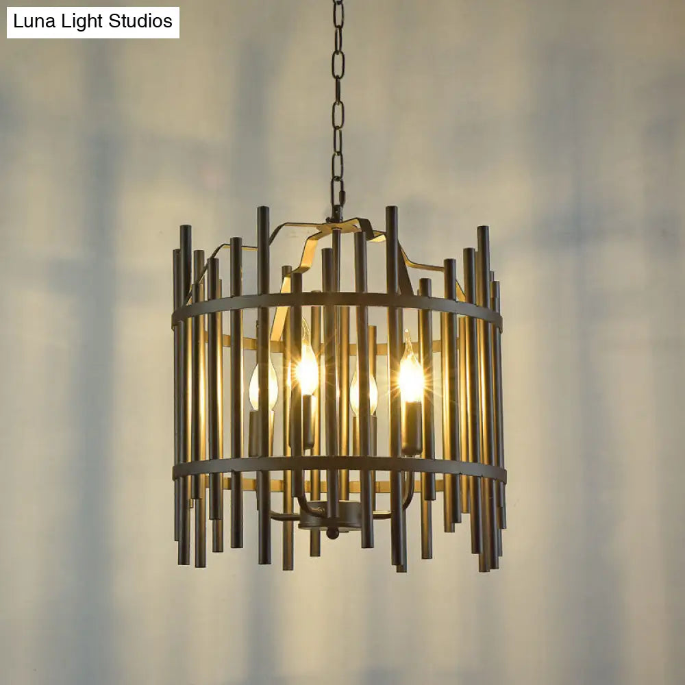 Traditional 4-Light Metal Chandelier - Strapped Cage Design For Dining Room Pendant Lighting