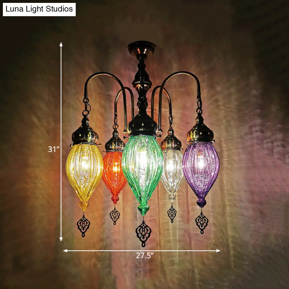 Traditional 5-Head Gourd Chandelier Light With Ribbed Red/Yellow/Green Glass