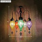 Traditional 5-Head Gourd Chandelier Light With Ribbed Red/Yellow/Green Glass