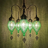 Traditional 5-Head Gourd Chandelier Light With Ribbed Red/Yellow/Green Glass Green