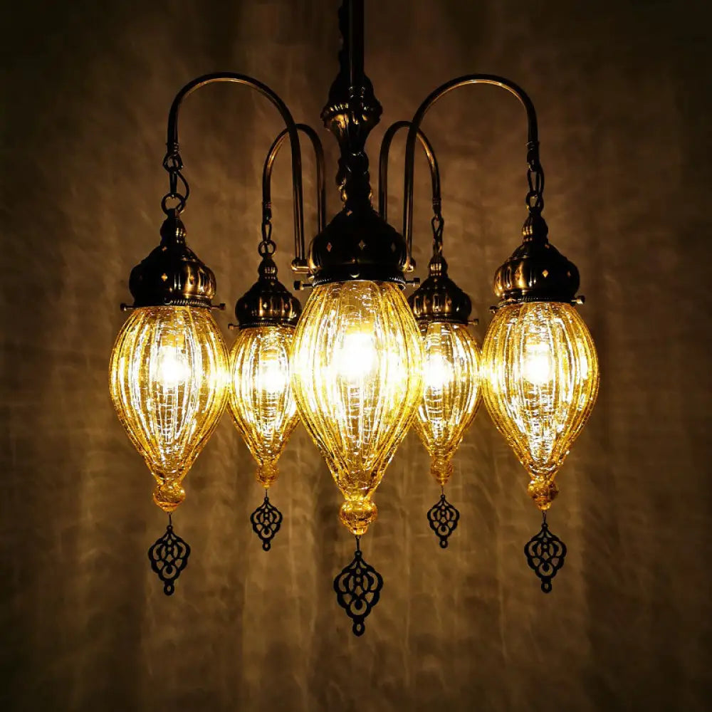 Traditional 5-Head Gourd Chandelier Light With Ribbed Red/Yellow/Green Glass Yellow