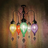 Traditional 5-Head Gourd Chandelier Light With Ribbed Red/Yellow/Green Glass Red