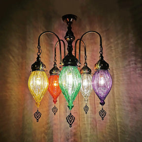 Traditional 5-Head Gourd Chandelier Light With Ribbed Red/Yellow/Green Glass Red
