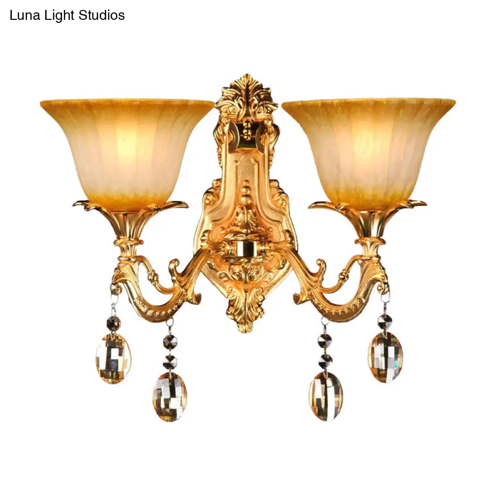 Traditional Amber Glass Wall Mount Sconce Light With Brass Finish - 2 Heads Ideal For Living Room