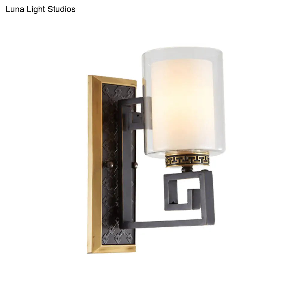 Traditional Antiqued Gold/Black Sconce With Dual Shade Pillar - Wall Mounted Light