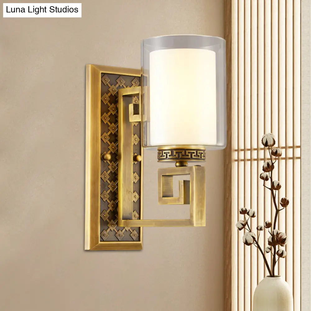Traditional Antiqued Gold/Black Sconce With Dual Shade Pillar - Wall Mounted Light