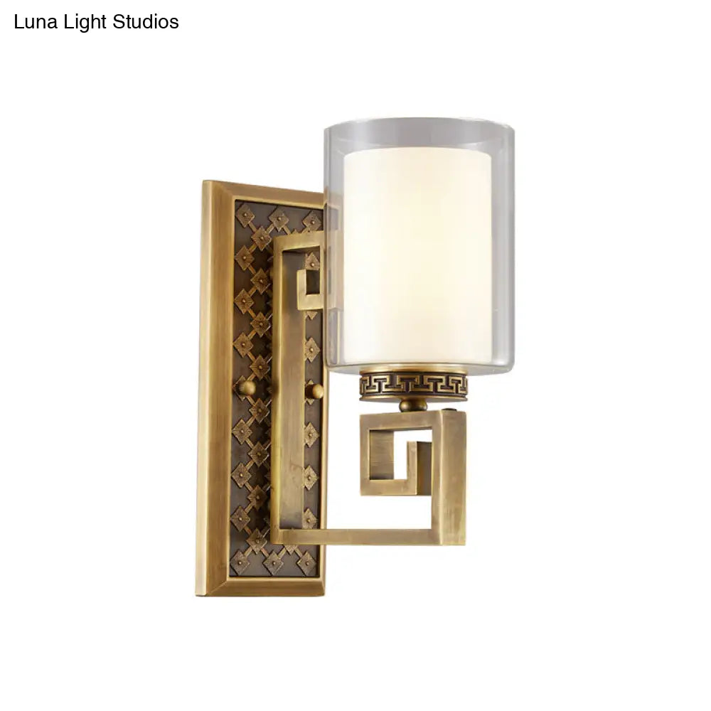 Traditional Antiqued Gold/Black Sconce With Dual Shade Pillar - Wall Mounted Light
