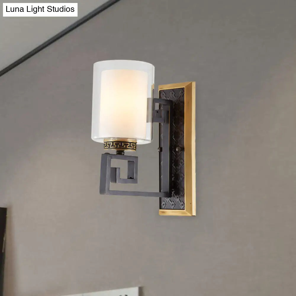 Traditional Antiqued Gold/Black Sconce With Dual Shade Pillar - Wall Mounted Light