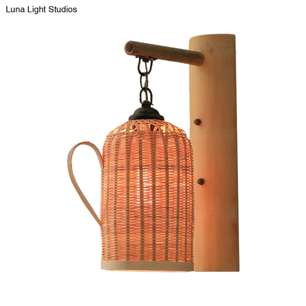 Traditional Bamboo Wall Mounted Lamp With Wood Kettle/Bell/Trumpet Sconce Light 1 Bulb