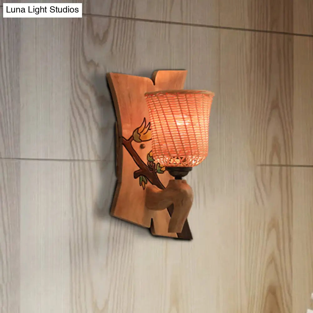 Traditional Bamboo Wall Mounted Lamp With Wood Kettle/Bell/Trumpet Sconce Light 1 Bulb