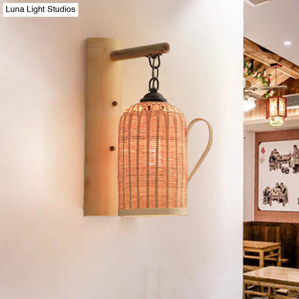 Traditional Bamboo Wall Mounted Lamp With Wood Kettle/Bell/Trumpet Sconce Light 1 Bulb