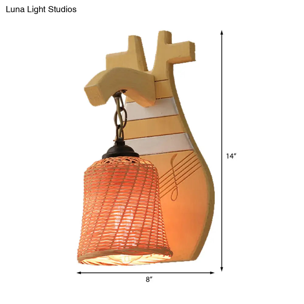 Traditional Bamboo Wall Mounted Lamp With Wood Kettle/Bell/Trumpet Sconce Light 1 Bulb