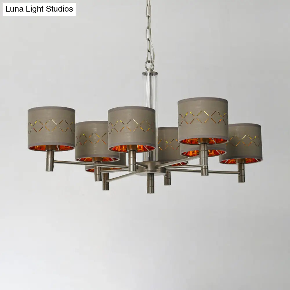 Traditional Bedroom Pendant Light With Drum Fabric Shade - 6/8 Bulbs Ceiling Lamp In Brown