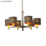 Traditional Bedroom Pendant Light With Drum Fabric Shade - 6/8 Bulbs Ceiling Lamp In Brown