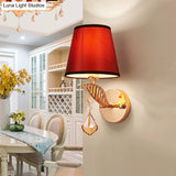 Traditional Bedroom Wall Lamp - Fabric White/Red/Blue Sconce Light With Crystal Drop