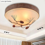 Traditional Beige Ceiling Light Fixture With Frosted Glass Drum Shade - 3 Lights For Bedroom