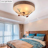 Traditional Beige Ceiling Light Fixture With Frosted Glass Drum Shade - 3 Lights For Bedroom