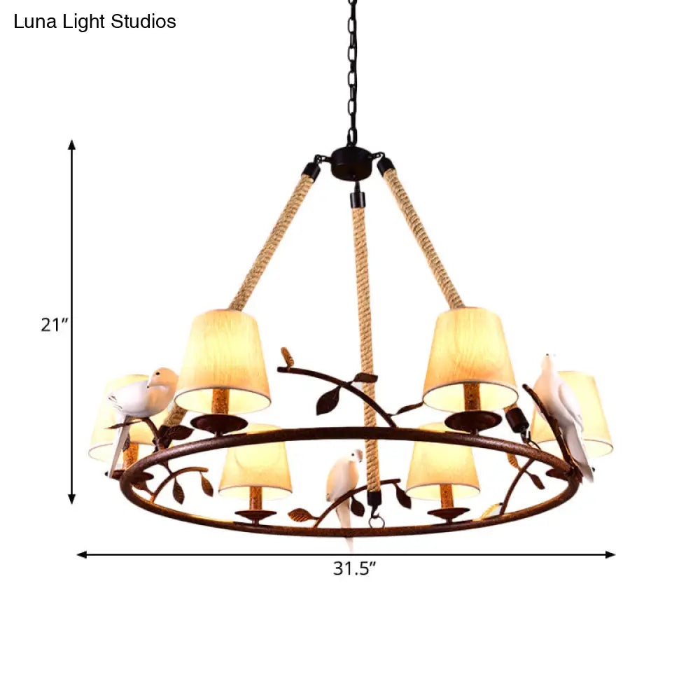 Traditional Beige Chandelier With 6 Lights And Cone Shade - Fabric Wagon Wheel Pendant Lamp