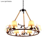 Traditional Beige Chandelier With 6 Lights And Cone Shade - Fabric Wagon Wheel Pendant Lamp