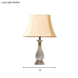 Traditional Beige Fabric Night Lamp With Crystal Base - Bedroom Nightstand Light