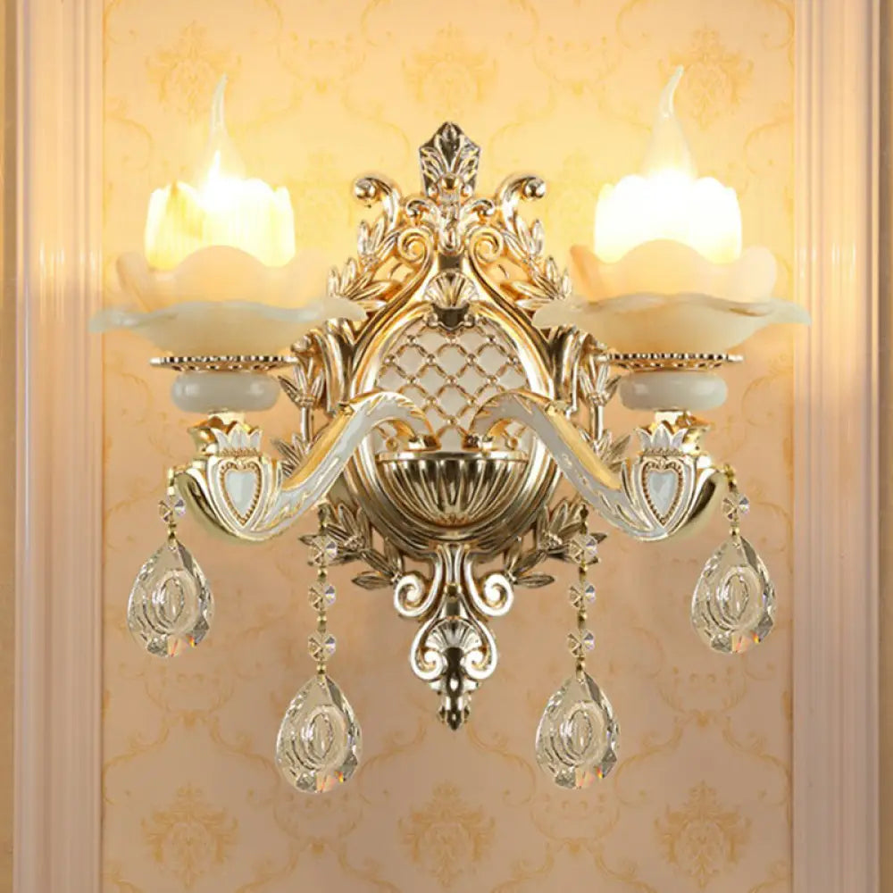 Traditional Beige Flower Wall Sconce With Crystal Drop For Hallways - Jade Light 2 /