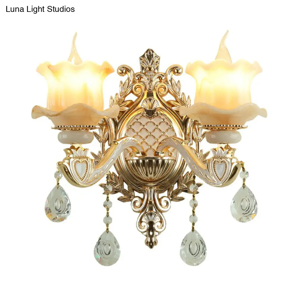 Traditional Beige Flower Wall Sconce With Crystal Drop For Hallways - Jade Light