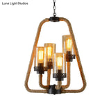 Traditional Beige Pendant Chandelier With 4 Lights And Rope-Glass Cylinder Design