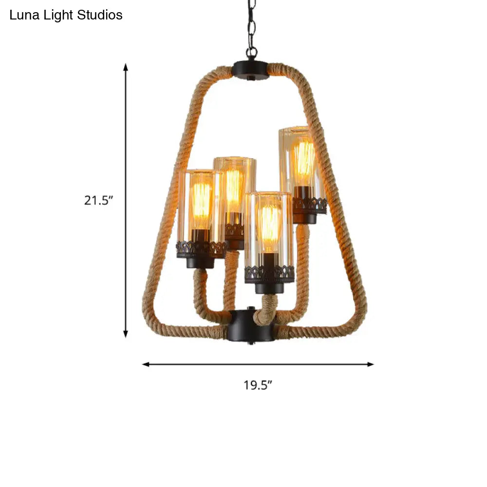 Traditional Beige Pendant Chandelier With 4 Lights And Rope-Glass Cylinder Design