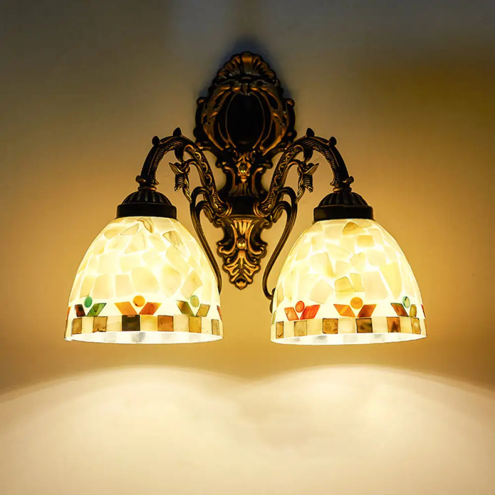 Traditional Beige Shell Bowl Wall Sconce Lighting - 2 Head Mount Light For Bedroom