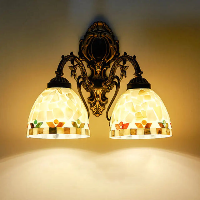 Traditional Beige Shell Bowl Wall Sconce Lighting - 2 Head Mount Light For Bedroom