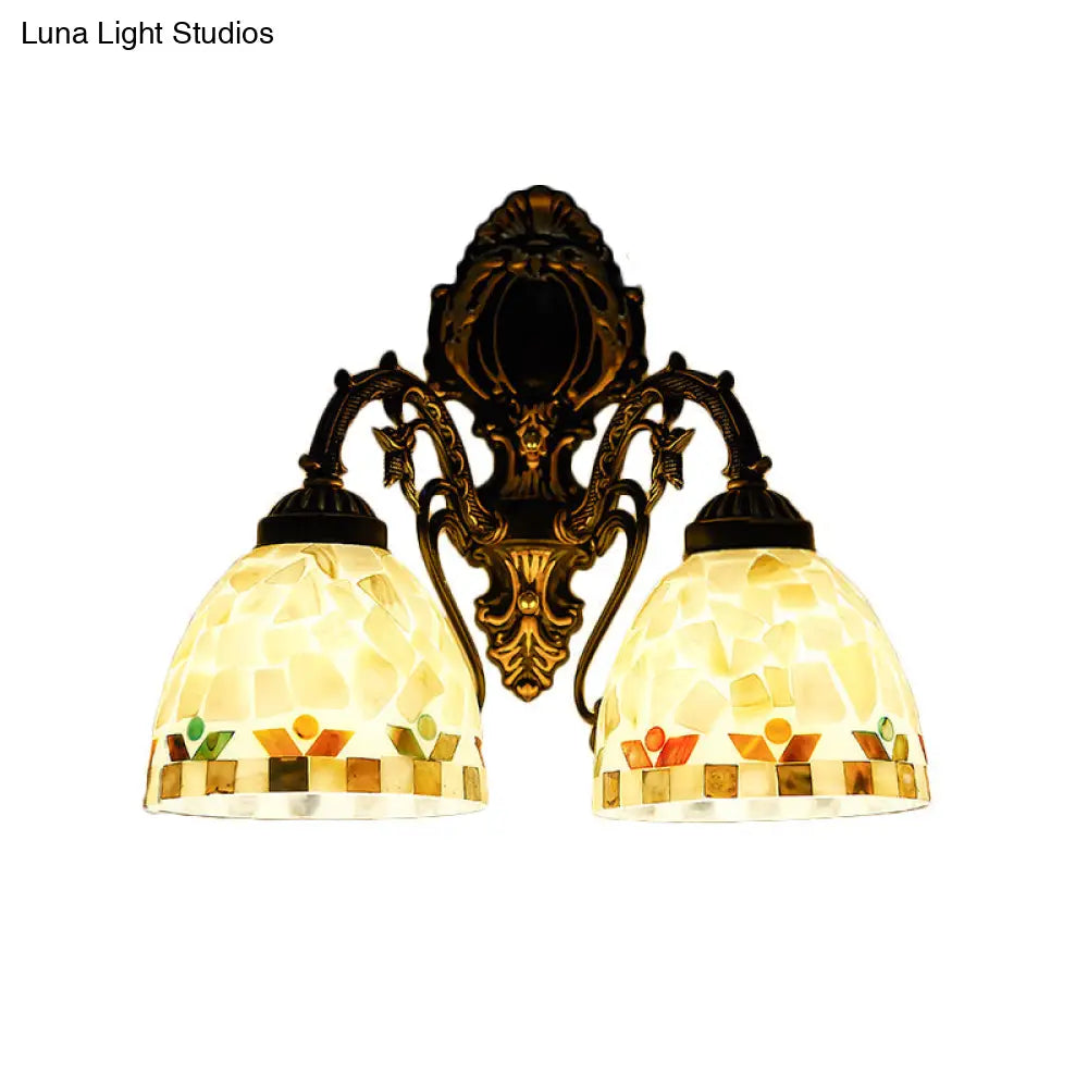 Traditional Beige Shell Bowl Wall Sconce Lighting - 2 Head Mount Light For Bedroom