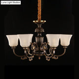 Traditional Bell Chandelier With 6 Lights: Black & Gold White Frosted Glass Pendant Lamp