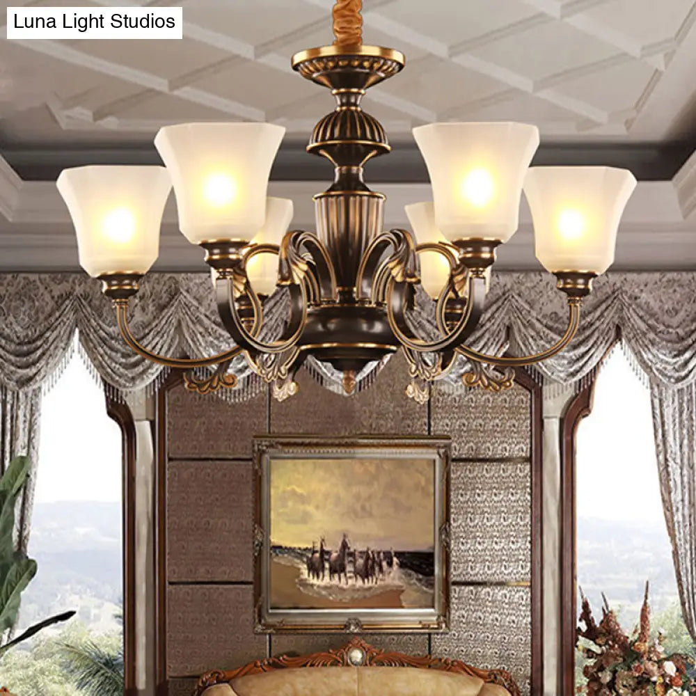 Traditional Bell Chandelier With 6 Lights: Black & Gold White Frosted Glass Pendant Lamp