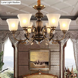 Traditional Bell Chandelier With 6 Lights: Black & Gold White Frosted Glass Pendant Lamp