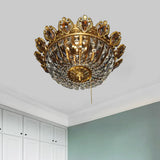 Traditional Beveled Crystal Bowl Flush Mount Ceiling Lamp With 4 Brass Heads For Bedroom Lighting