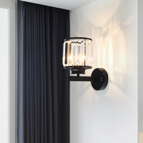 Traditional Beveled Crystal Wall Lighting - 1 Bulb Cylinder Corridor Sconce Black
