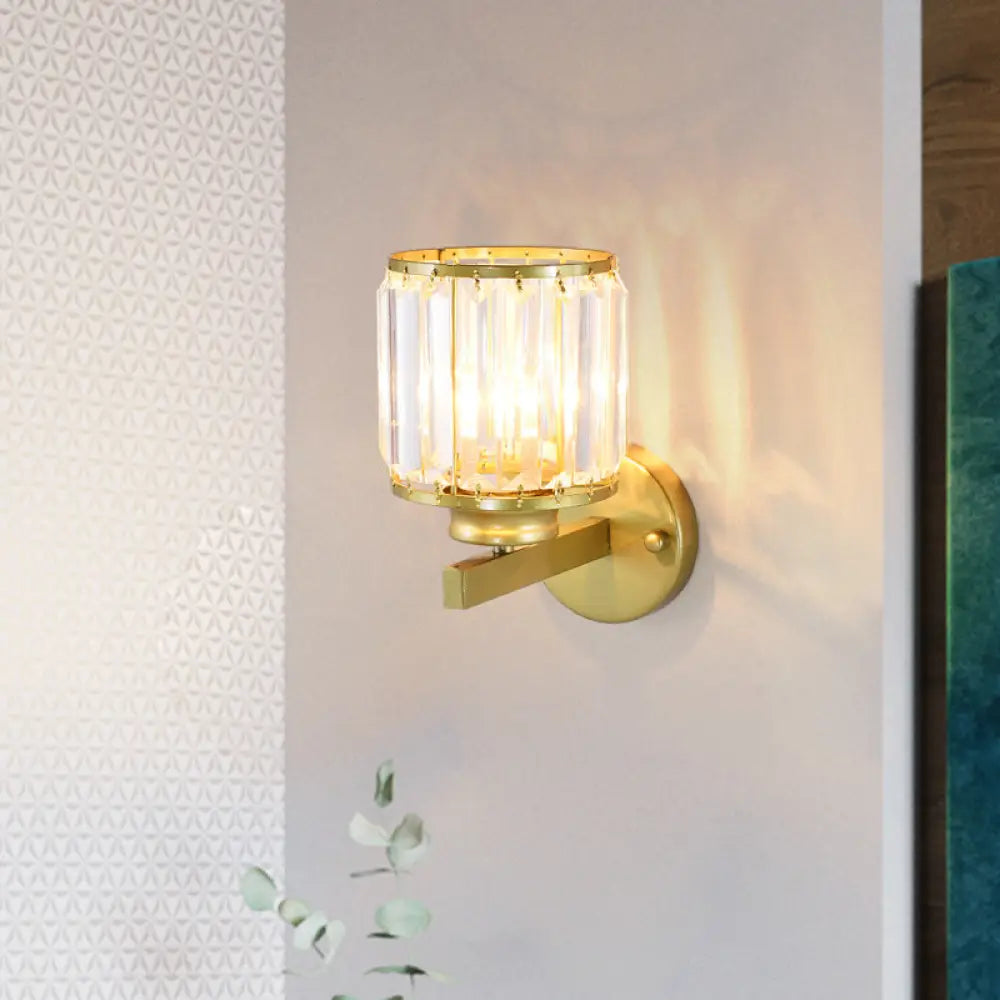 Traditional Beveled Crystal Wall Lighting - 1 Bulb Cylinder Corridor Sconce Gold