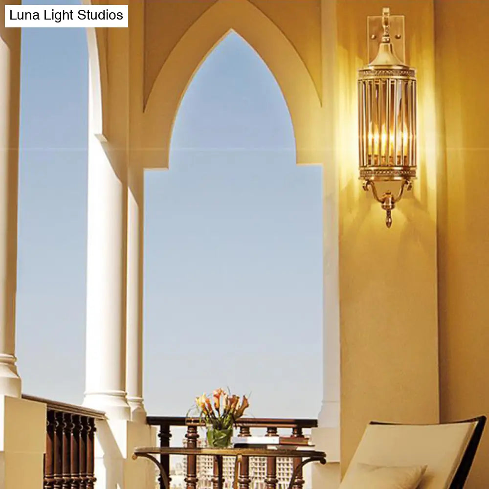 Traditional Bird Cage Wall Lamp In Gold - Elegant Metal Sconce Light For Balcony